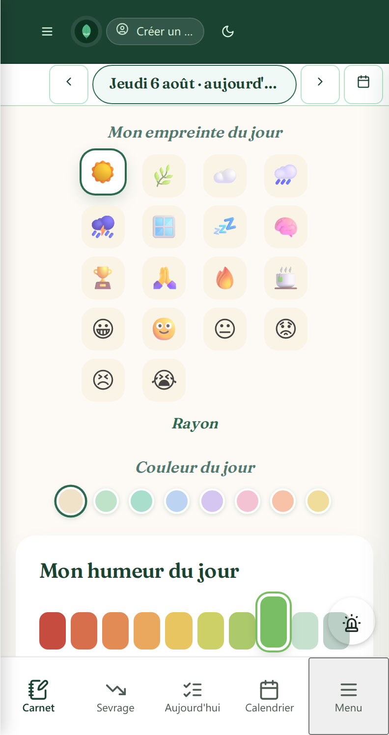 Écran Tableau de bord : sevrage actif, humeur du jour, derniers articles
