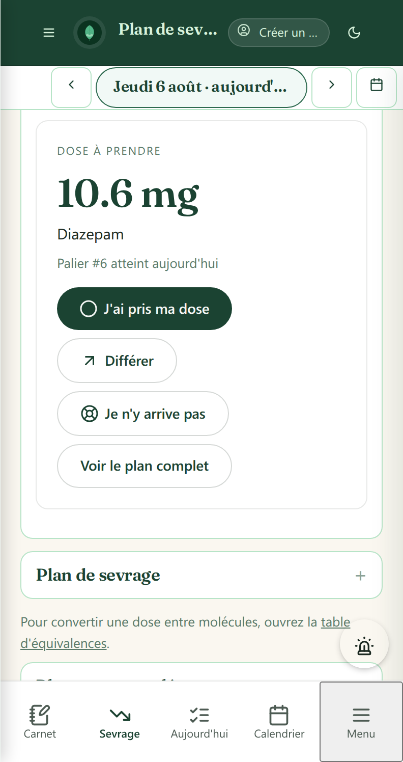 Calculateur de sevrage avec calendrier de paliers